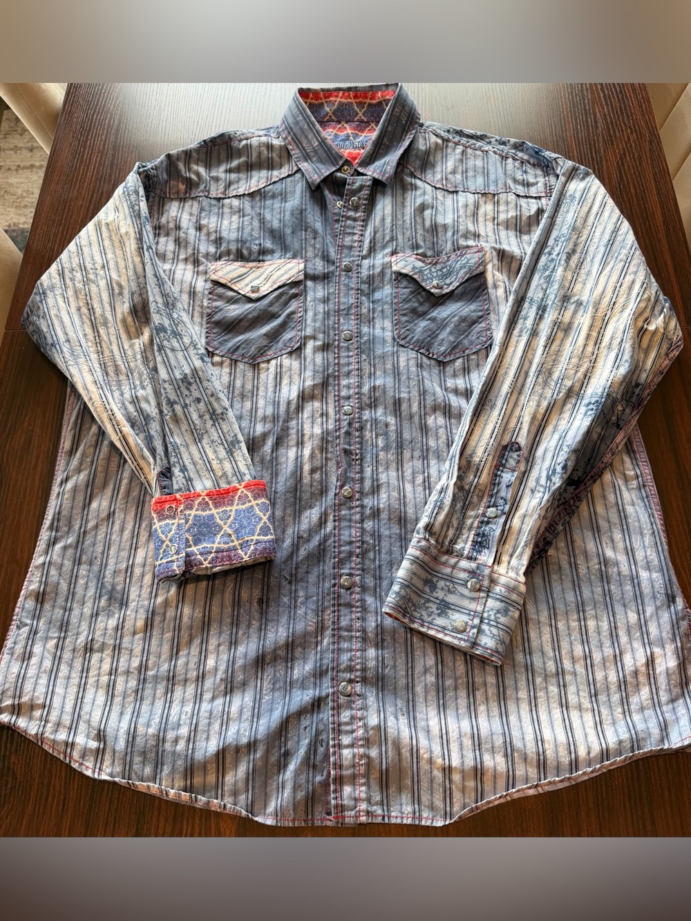 Cowboy Justice Mens Western Pearl Snap Shirt Blue Stripe Acid Wash Cotton XL